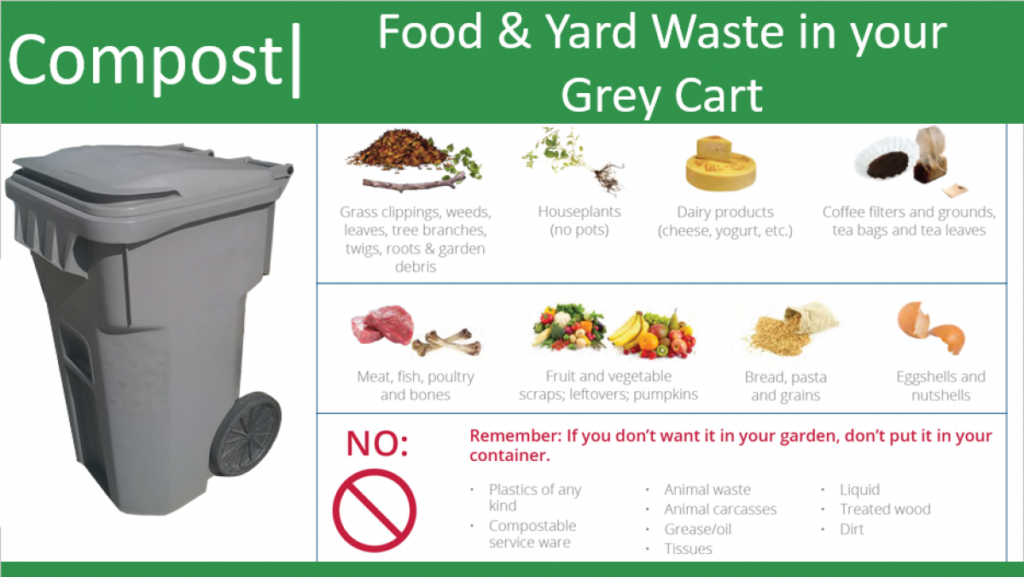 Compost - Food and Yard Waste in your grey cart. Details are duplicated in body of web page.