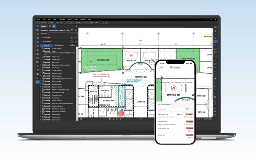 Image of BlueBeam Revu technology aiding in electronic plan review on a laptop and cell phone