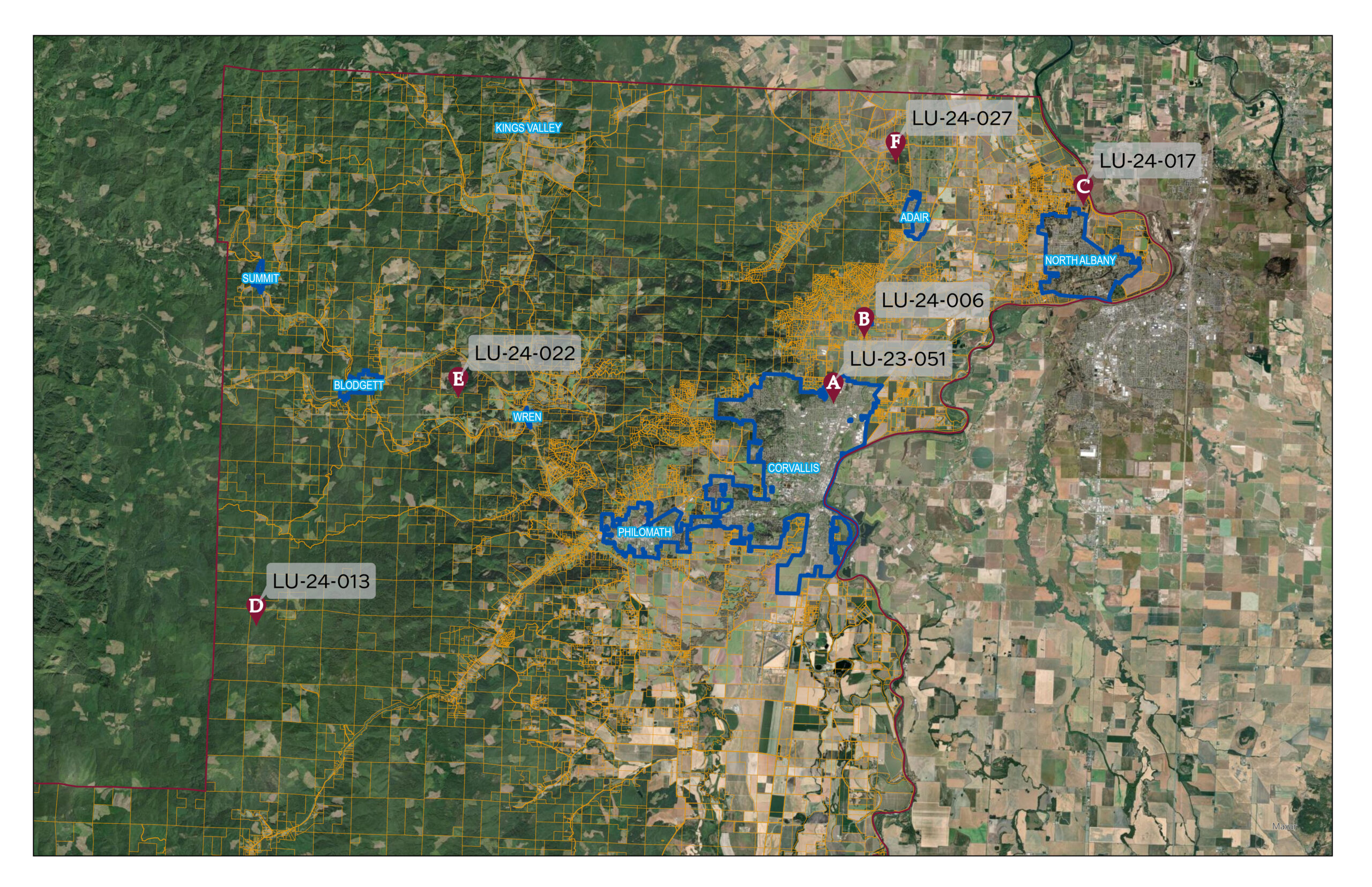 Static map of open, quasi-judicial land use applications in Benton County currently