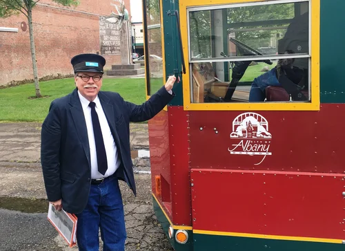 Historian Bill Maddy leads the Albany Streetcar Tour for the Albany Regional Museum